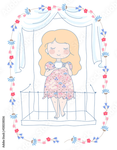 Girl, woman enjoys her morning cup of tea or coffee. Vector Illustration. Spring good weather.