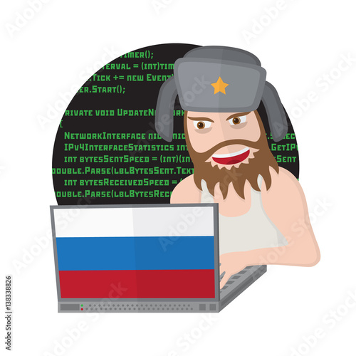 Russian hacker with laptop isolated on white background.