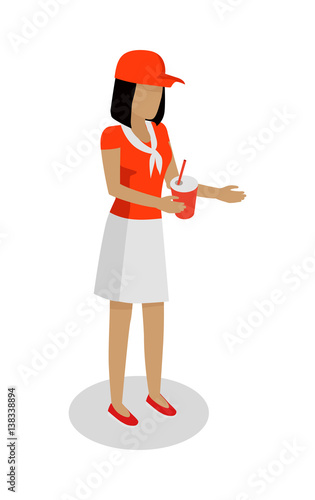 Woman in Red and White Uniform Sales Cola. Vector