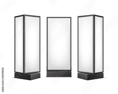 Vector Black White Luminous Rectangular Poster Stands Pillars for Indoor Advertising Front Side View Isolated on Background