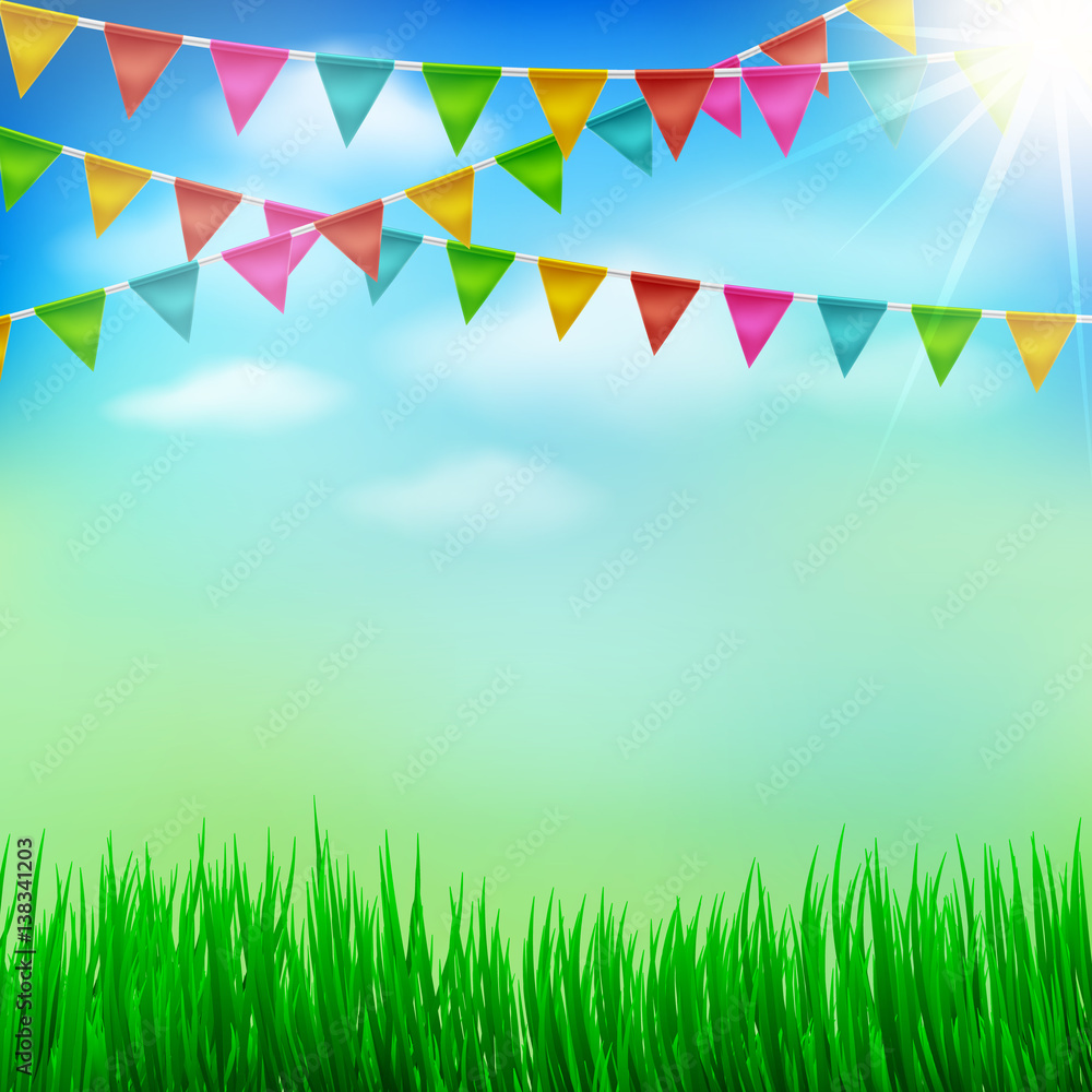 Spring and Summer garden party background with Bunting Triangle Papers  Flags, Grass,Blue sky and  for Spring or Summer Season Outdoor  Event and  illustration Stock Vector | Adobe Stock