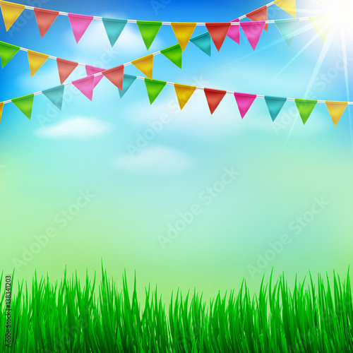 Spring and Summer garden party background with Bunting Triangle Papers Flags, Grass,Blue sky and Sunlight.Use for Spring or Summer Season Outdoor Event and Party.vector illustration