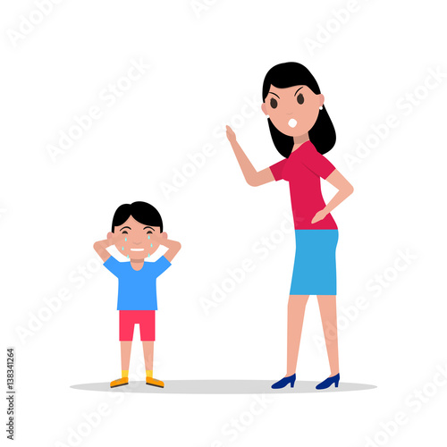 Vector cartoon angry mother scolding her child
