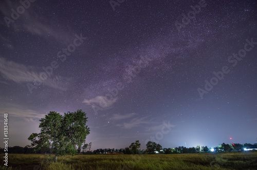 Milky way galaxy with stars and space dust in the Green Terraced Rice Field in Thailand