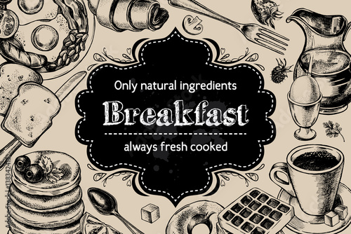 Traditional breakfast. Composition of hand drawn food elements: English breakfast, coffee, pancakes, toast, waffle. Vector illustration. Menu or signboard template for bakery and cafe.