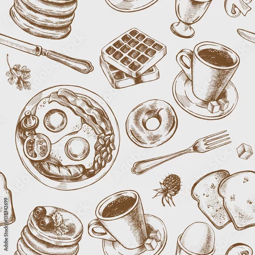 Tapety Wzór z ręcznie rysowane elementy śniadaniowe. Ilustracji wektorowych.
