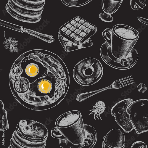 Tapety Wzór z ręcznie rysowane elementy śniadaniowe. Ilustracji wektorowych.