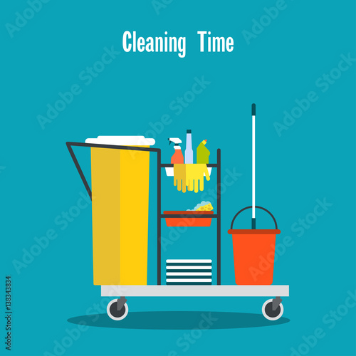 Cleaning equipment Vector illustration Janitor's trolley with cleaning equipment and household chemicals Flat design