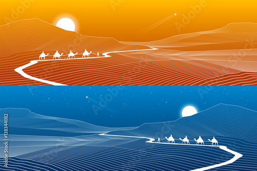 Road in the mountains, winding highway, rock landscape, white lines on blue and orange background, caravan passes, day and night panorama, vector design art