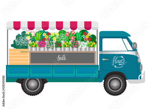 Flower shop. Flowers shop mobile on wheels. Vector illustration. A blue car with bouquets of flowers.
