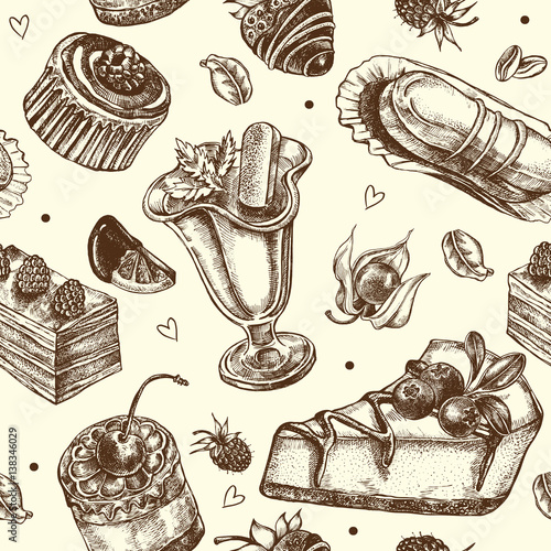 Seamless decorative pattern with hand drawn elements - assorted desserts, cakes and berries. Vector illustration.
