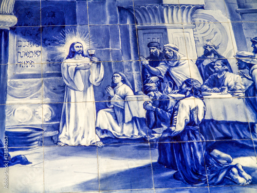 Azulejo-mosaic, scene from the Last Supper, Portugal, Madeira, M photo
