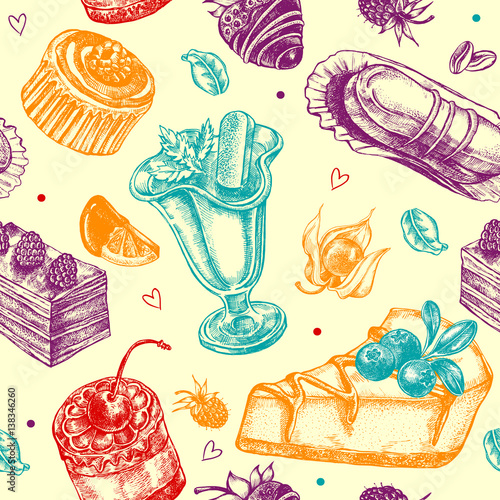 Seamless decorative pattern with hand drawn elements - assorted desserts  cakes and berries. Vector illustration.
