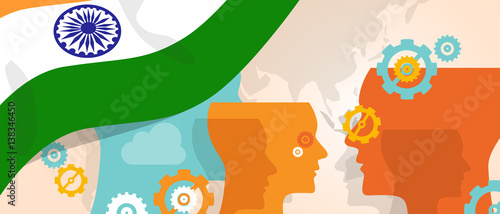 India concept of thinking growing innovation discuss country future brain storming under different view represented with heads gears and flag