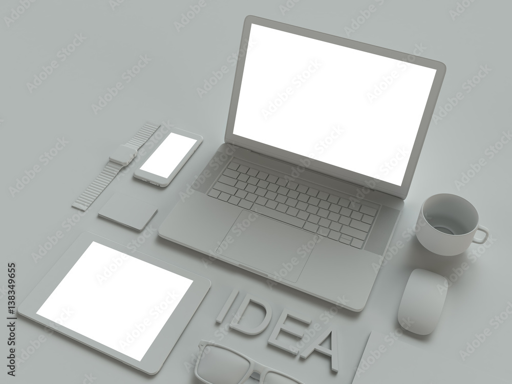 Laptop with tablet and smart phone on table. High resolution, 3D rendering Laptop with tablet and smart phone on table. High resolution, 3D rendering