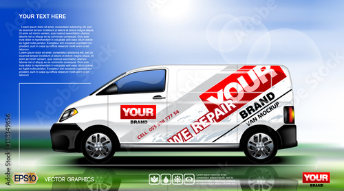 Digital vector white realistic vehicle car mockup, ready for your logo and design . Template for advertising and corporate identity. Food delivery. Illustrated vector. Blank transportation. Mockup