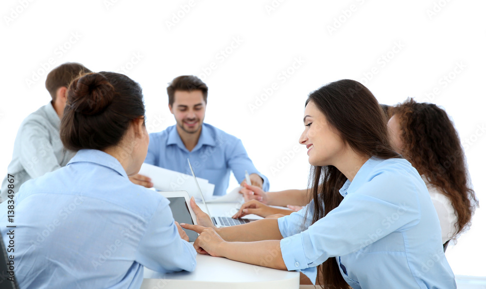Employees with their CEO at meeting