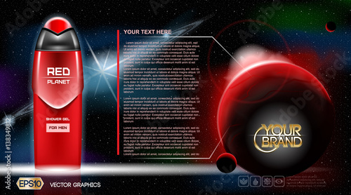Men Space gel or Lotion cosmetic ads template. Refreshing skin toner. Cosmic background. Mockup 3D Realistic Vector illustration