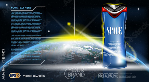 Men Space gel or Lotion cosmetic ads template. Refreshing skin toner. Cosmic background. Mockup 3D Realistic Vector illustration