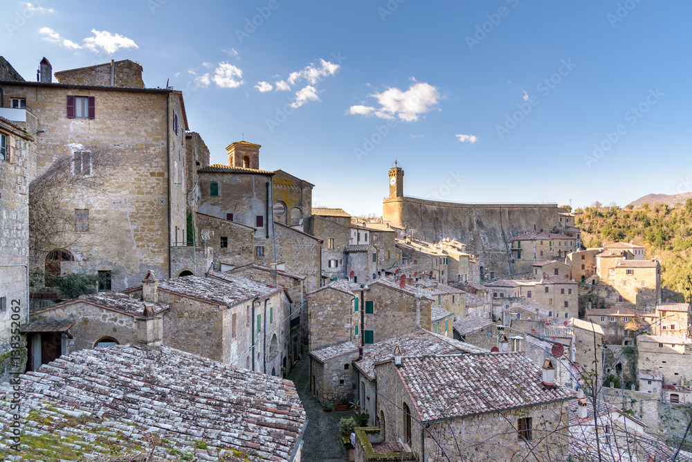 view of the old town of Sorano, tuscany, italy