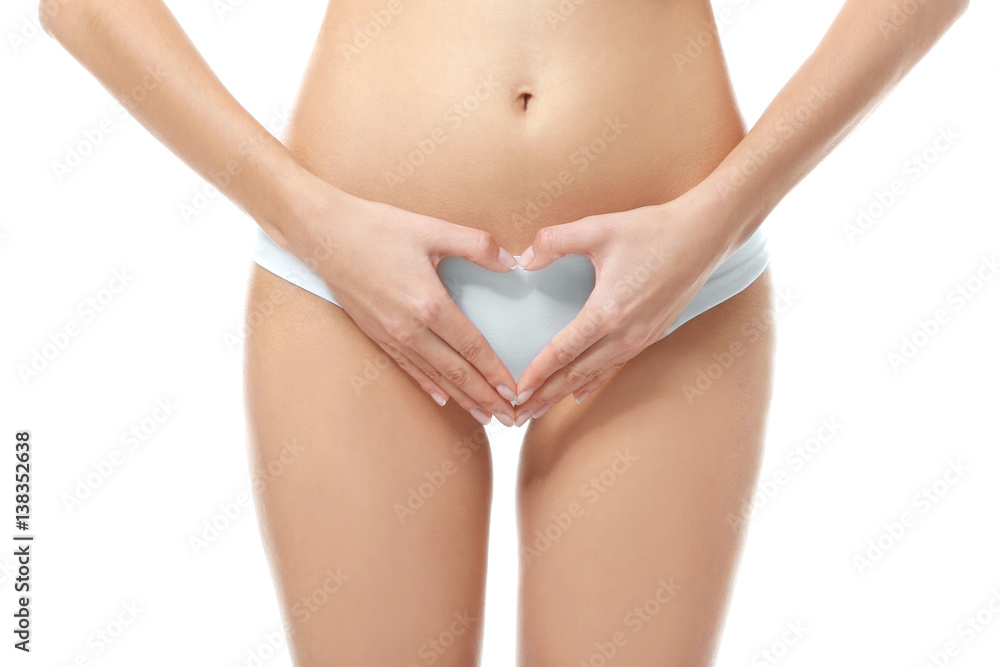 Close up view of young woman on white background. Gynecology concept