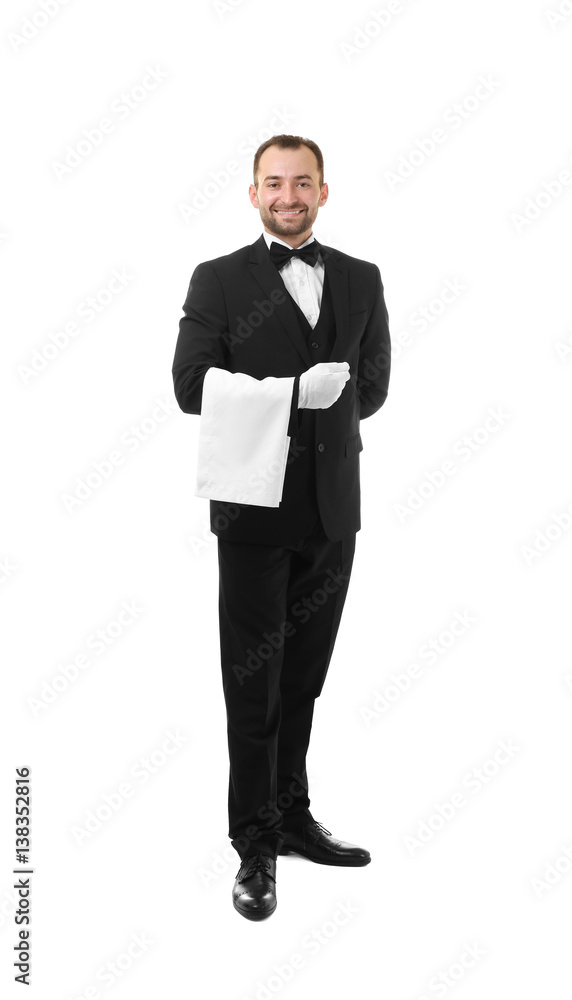 Handsome waiter with towel on white background Handsome waiter with towel on white background