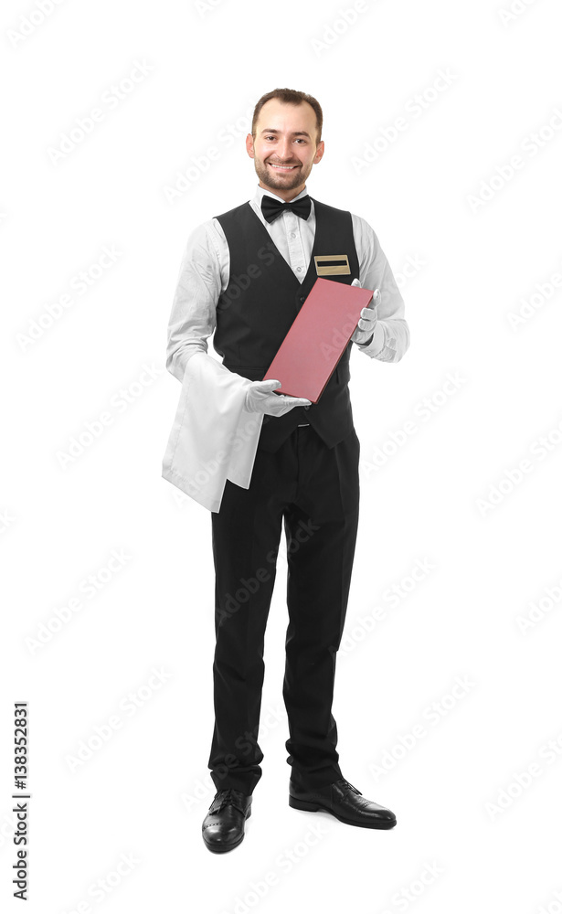 Handsome waiter with menu on white background Handsome waiter with menu on white background