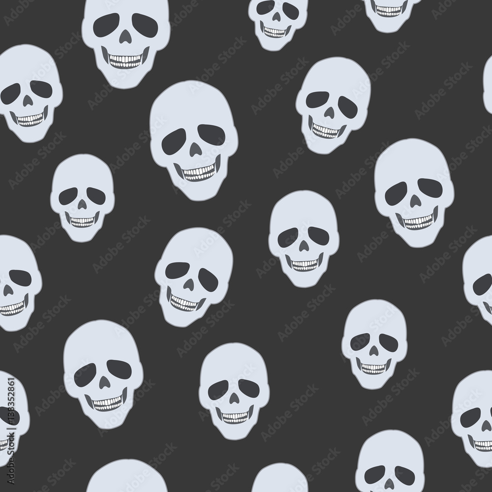 Skulls on Black. Seamless Pattern. Endless Texture