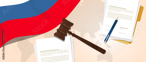 Russia law constitution legal judgment justice legislation trial concept using flag gavel paper and pen
