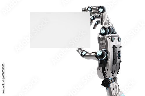 robot hand holding blank business card