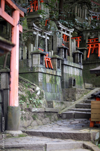 Old stone and wooden miniature red torii gate in the place of worship deities near the Shrine
