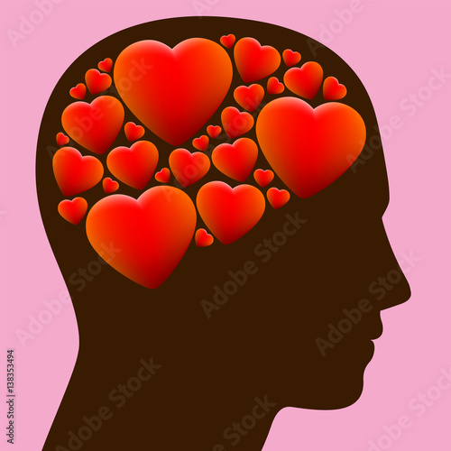 Lovestruck - head full with hearts instead of brain - illustration on rosy background.