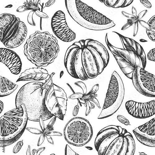 Decorative seamless pattern with ink hand-drawn tangerine and citrus slices. Vector illustration.