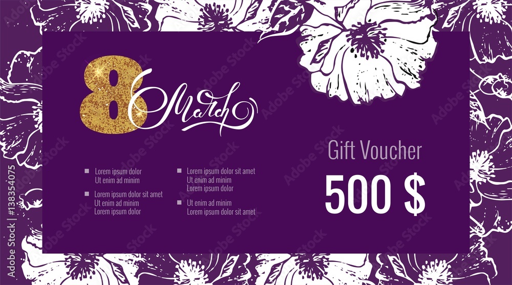Gift Voucher Coupon discount for Happy Women's Day. Elegant gift certificate template with