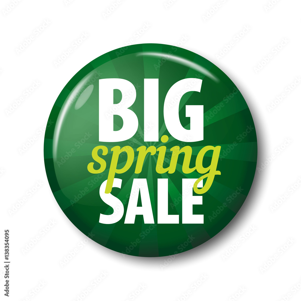 Bright green round button with words 'Big Spring Sale' on white background with shadow. Plastic circle label with discount offer. Realistic vector illustration. Bright green round button with words 'Big Spring Sale' on white background with shadow. Plastic circle label with discount offer. Realistic vector illustration.