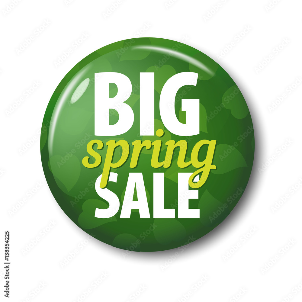 Bright green round button with words 'Big Spring Sale' on white background with shadow. Plastic circle label with discount offer. Realistic vector illustration. Bright green round button with words 'Big Spring Sale' on white background with shadow. Plastic circle label with discount offer. Realistic vector illustration.