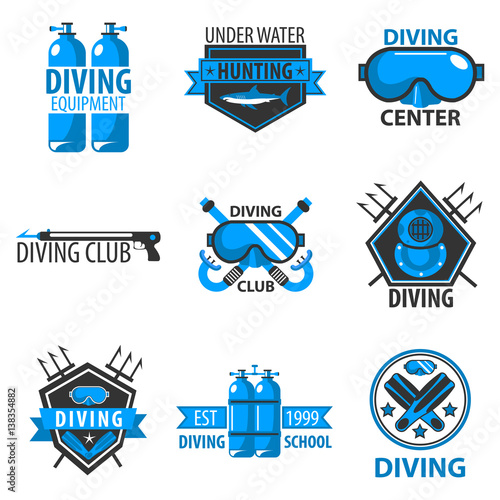 Scuba diving center or underwater hunt club vector template icons