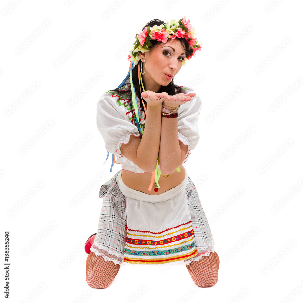 girl in polish national traditional costume posing, full length portrait against isolated white