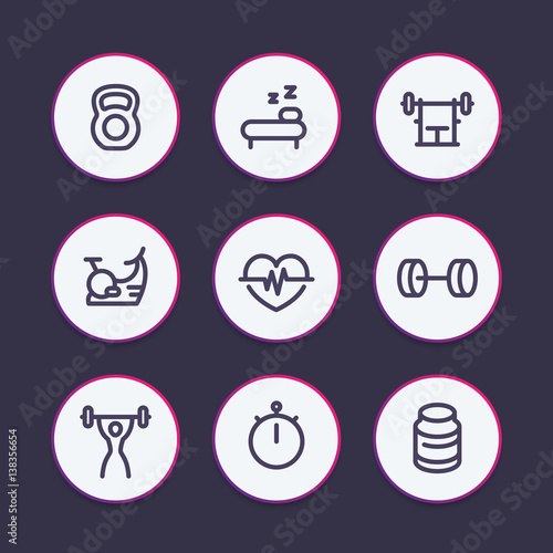 Fitness line icons set, fit and active lifestyle, gym, workout, training, thick outline
