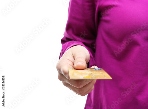 Woman holding credit card, ...