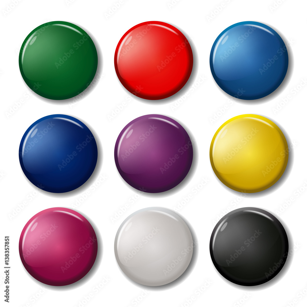 Set of nine colored pin magnets (badges), including black and white. Office equipment. 3d bright plastic circles. Collection of round buttons. Realistic vector illustration. Set of nine colored pin magnets (badges), including black and white. Office equipment. 3d bright plastic circles. Collection of round buttons. Realistic vector illustration.
