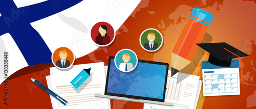 Finland education school university concept with icon laptop paper pencil cap student