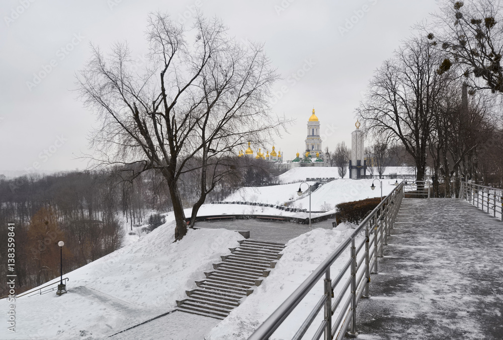 Kyiv. Ukraine. The Park of Eternal Glory to the Soldiers of the World War II. Kyiv Pechersk Lavra (monastery) is in the background.