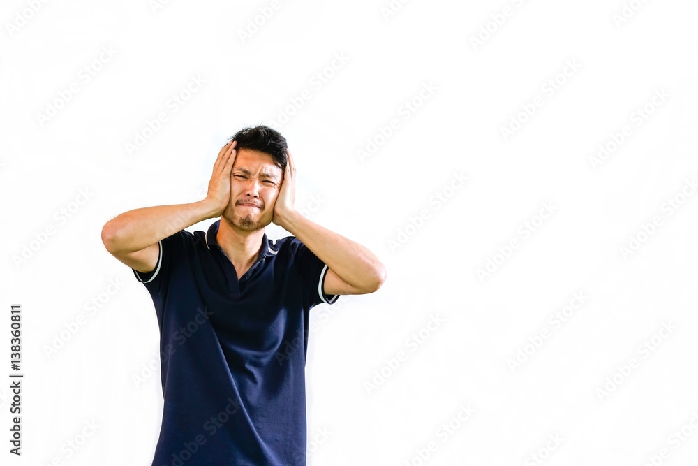 Naklejka premium Casual man with headache on white background chinese man under stress massaging his head.