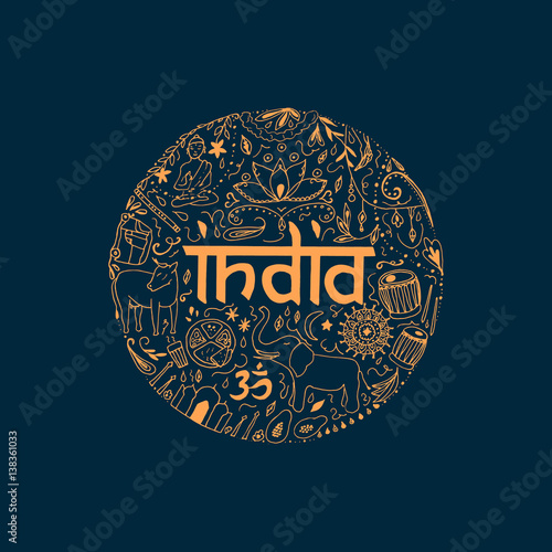 Symbols of India in the form of circle. Hand drawing elements of India..