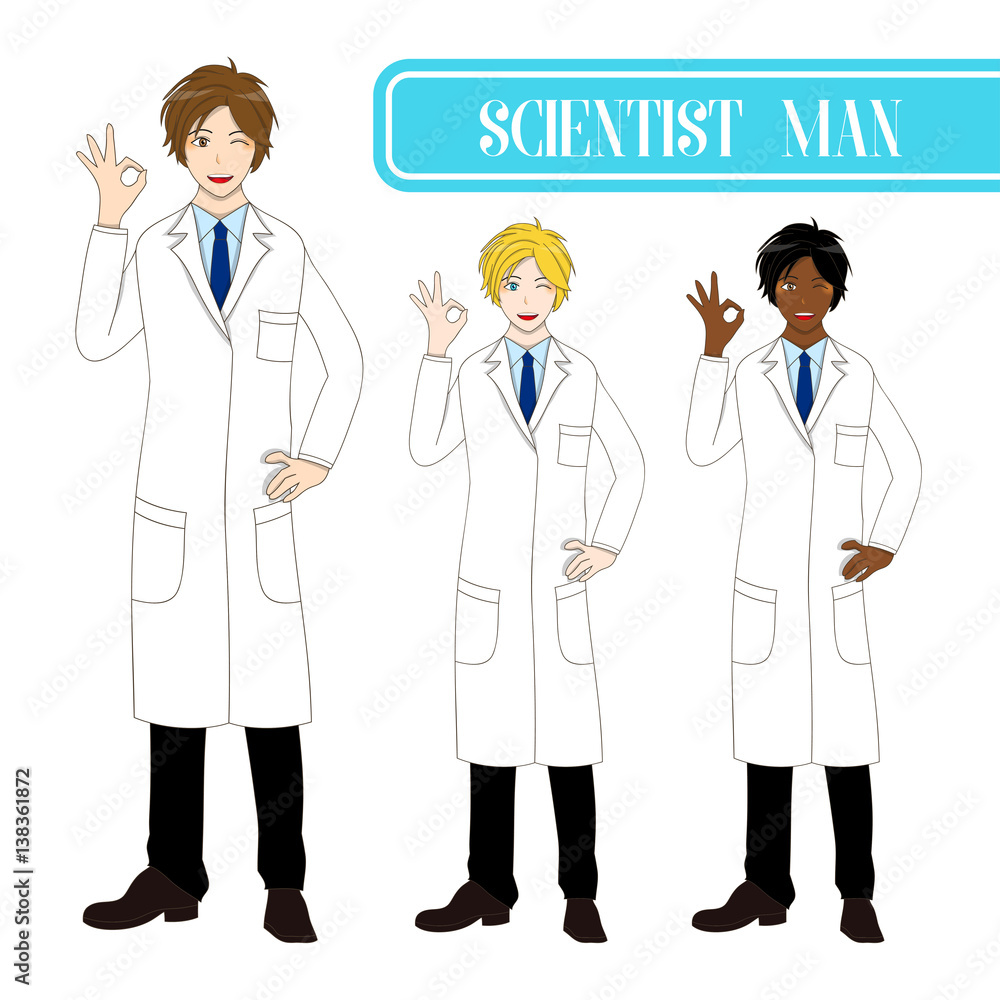 Set Handsome Scientist Man Showing OK Hand Sign. Medical Staff Male. Full Body Vector Illustration. isolated on White Background