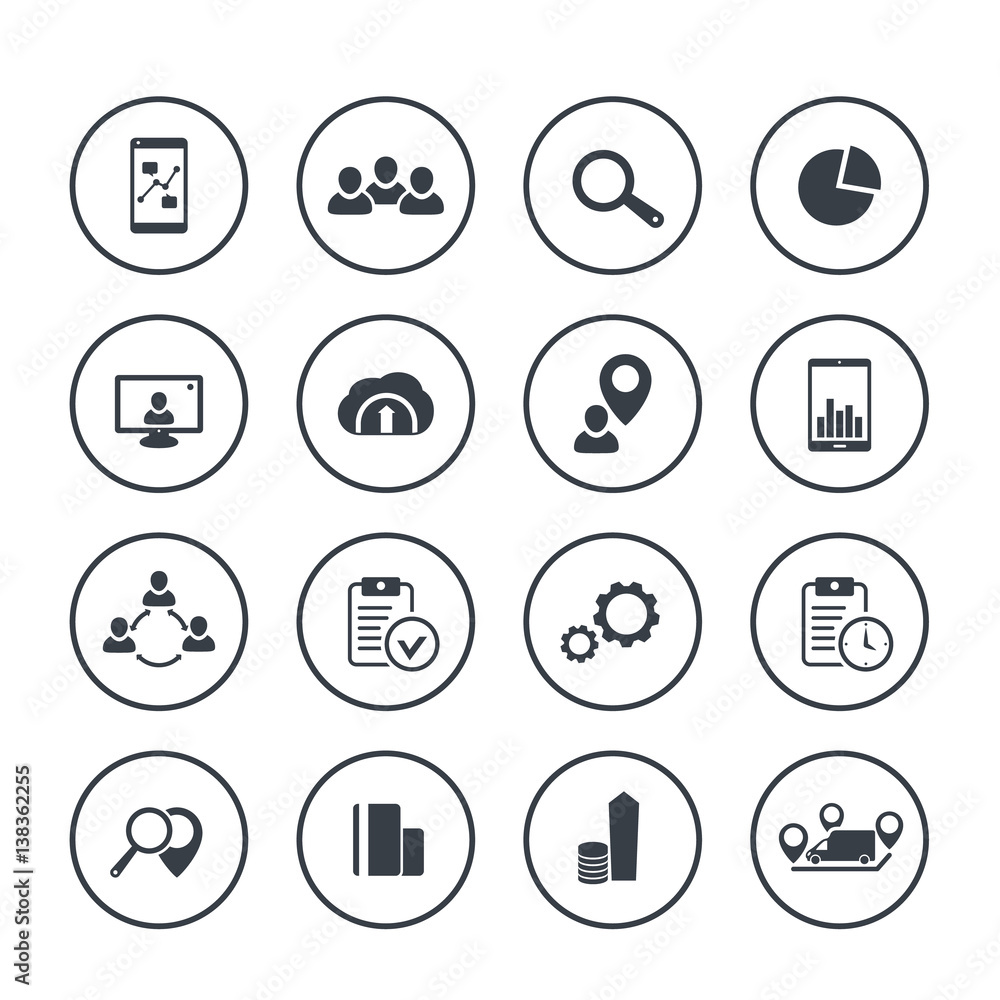 16 business icons in circles isolated over white, pictograms set 16 business icons in circles isolated over white, pictograms set