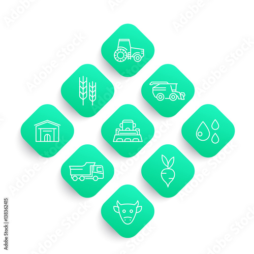 Agriculture, farming line icons set, tractor, agrimotor, harvest, cattle, storage, harvester
