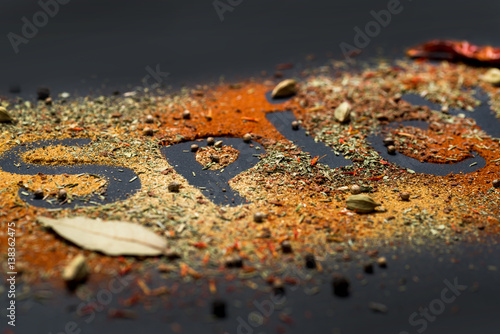 Spicy inscription. Spices selection over dark background.