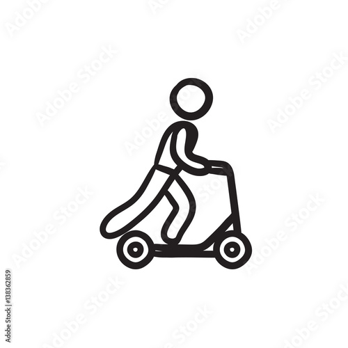 Man riding kick scooter sketch icon.